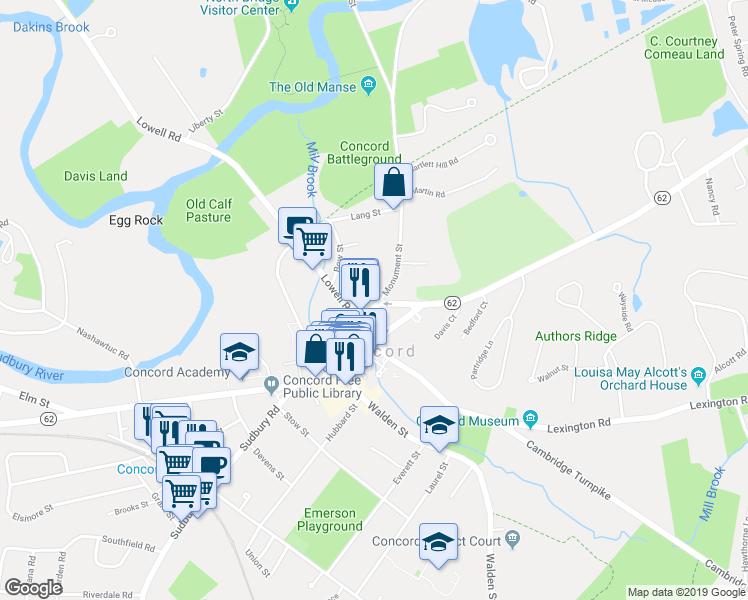 map of restaurants, bars, coffee shops, grocery stores, and more near 21 Monument Street in Concord
