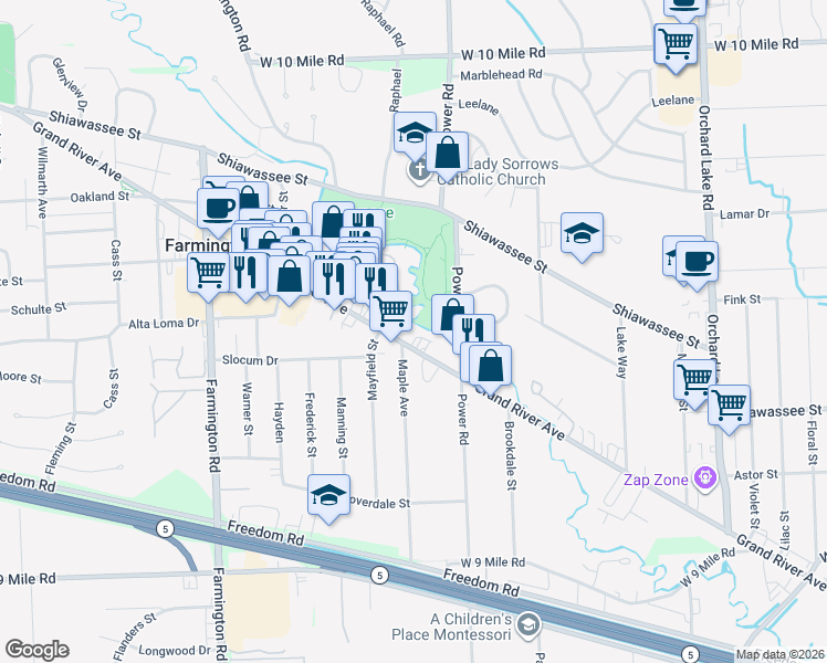 map of restaurants, bars, coffee shops, grocery stores, and more near 32604 Grand River Avenue in Farmington