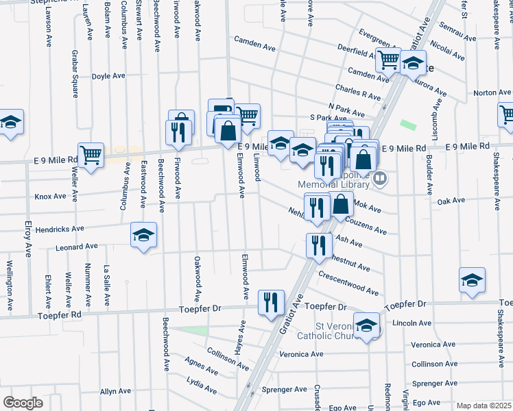 map of restaurants, bars, coffee shops, grocery stores, and more near 22145 Linwood in Eastpointe
