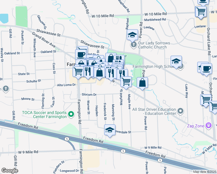 map of restaurants, bars, coffee shops, grocery stores, and more near 32777 Grand River Avenue in Farmington