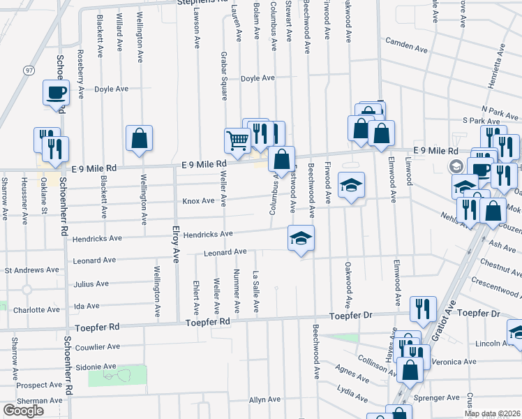 map of restaurants, bars, coffee shops, grocery stores, and more near 14405 Marshall Avenue in Warren