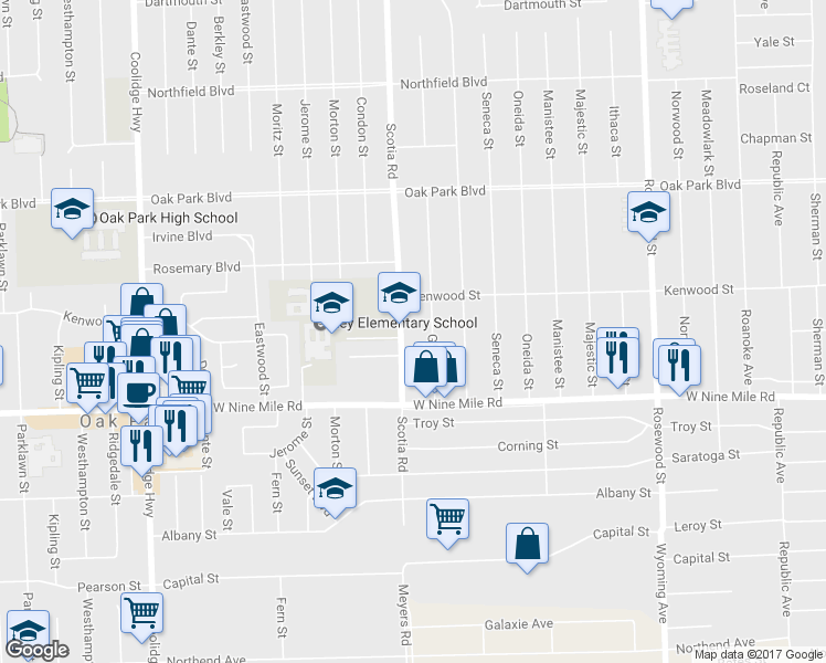 map of restaurants, bars, coffee shops, grocery stores, and more near 23220 Scotia Road in Oak Park