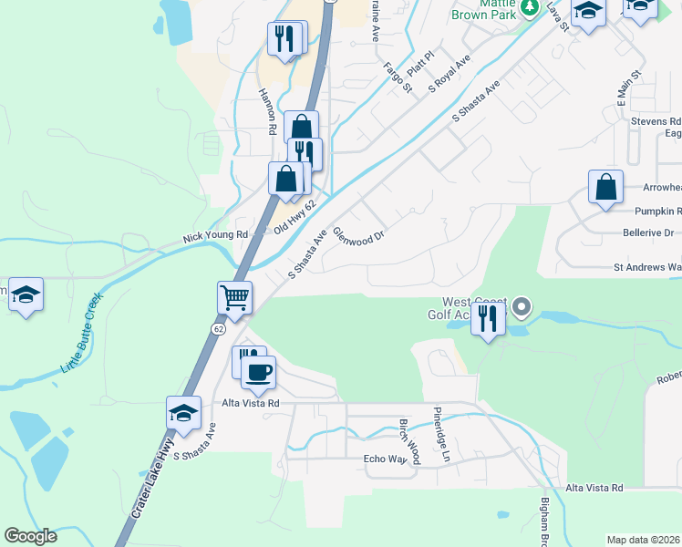 map of restaurants, bars, coffee shops, grocery stores, and more near 308 Arrowhead Trail in Eagle Point