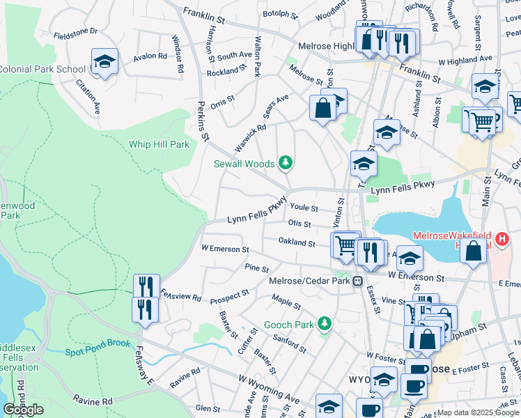 map of restaurants, bars, coffee shops, grocery stores, and more near 98 Lynn Fells Parkway in Melrose