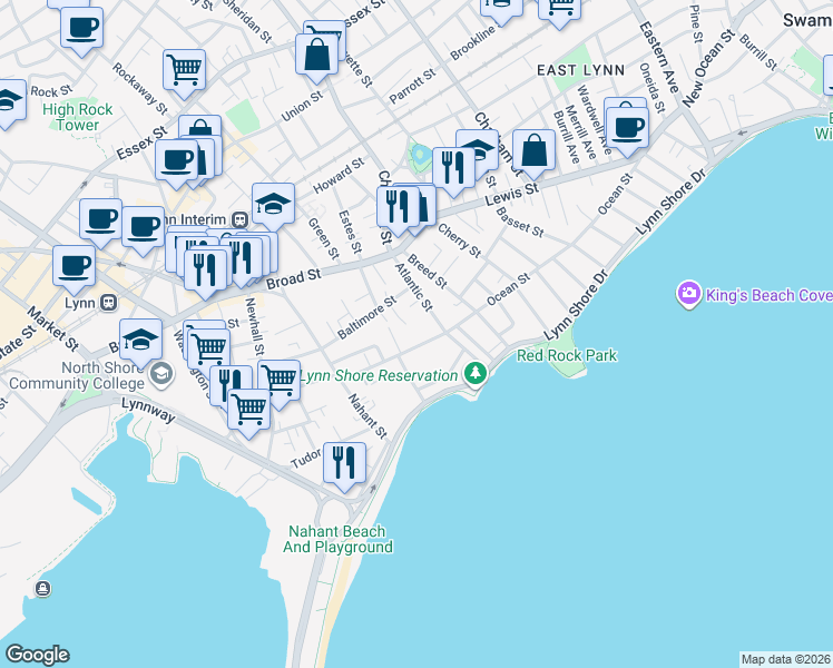 map of restaurants, bars, coffee shops, grocery stores, and more near 229 Ocean Street in Lynn