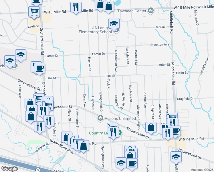 map of restaurants, bars, coffee shops, grocery stores, and more near 23221 Tuck Road in Farmington Hills