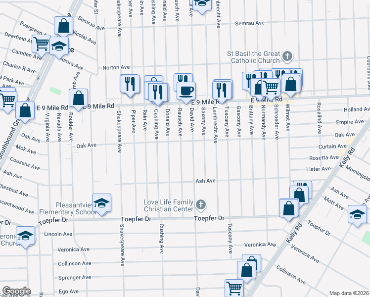 map of restaurants, bars, coffee shops, grocery stores, and more near 22148 Rausch Avenue in Eastpointe