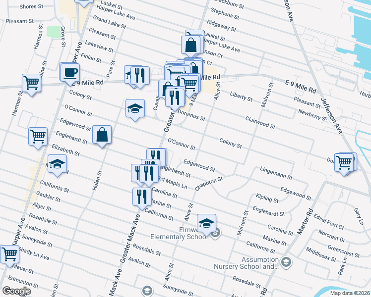 map of restaurants, bars, coffee shops, grocery stores, and more near 22410 O'Connor Street in St. Clair Shores