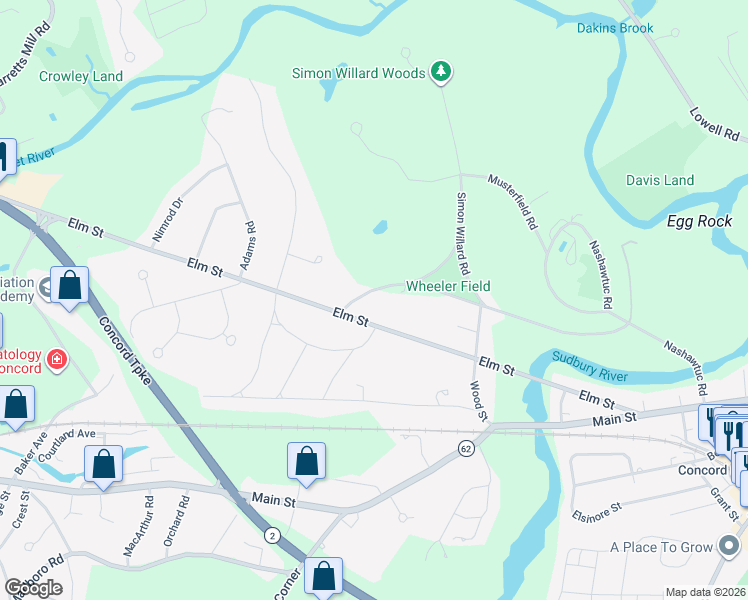 map of restaurants, bars, coffee shops, grocery stores, and more near 315 Musketaquid Road in Concord