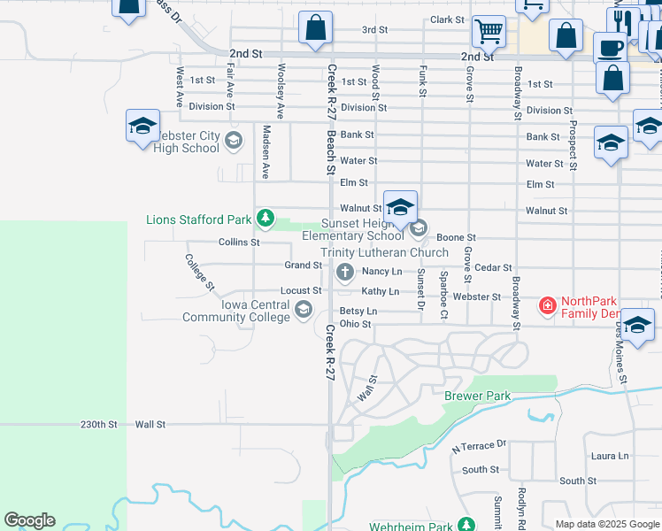 map of restaurants, bars, coffee shops, grocery stores, and more near 1300 Grand Street in Webster City