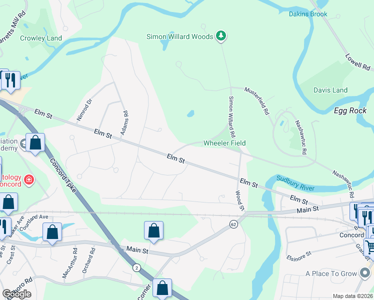 map of restaurants, bars, coffee shops, grocery stores, and more near 315 Musketaquid Road in Concord
