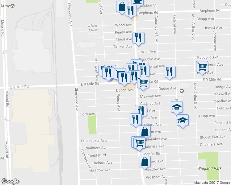 map of restaurants, bars, coffee shops, grocery stores, and more near 7268 Dodge Avenue in Warren