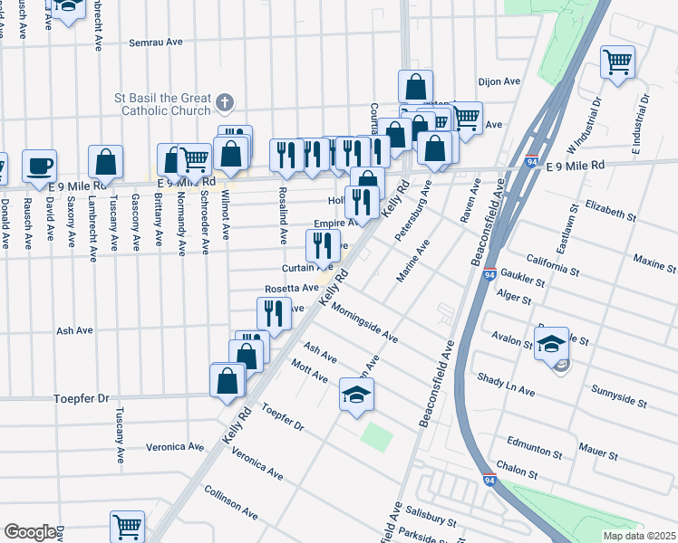 map of restaurants, bars, coffee shops, grocery stores, and more near 22237 Kelly Road in Eastpointe