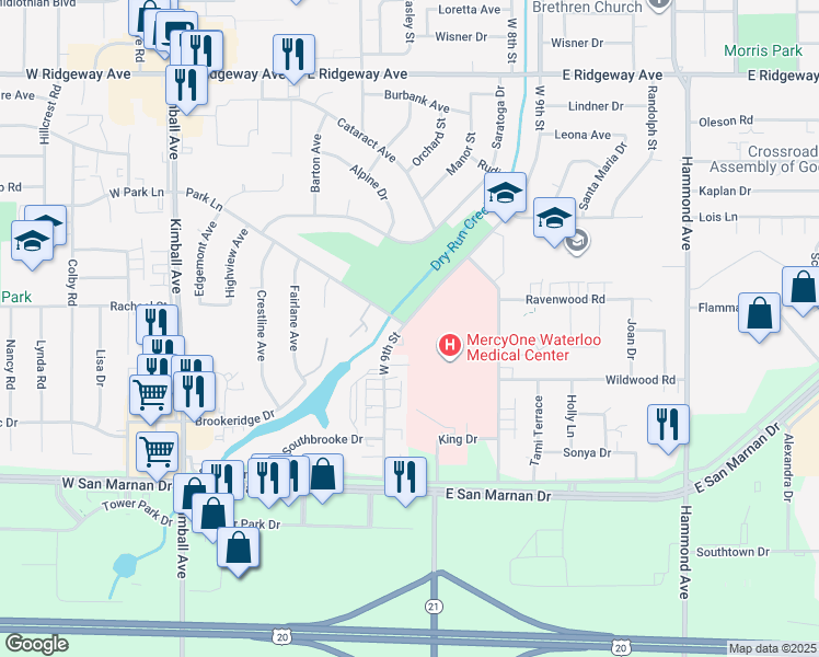 map of restaurants, bars, coffee shops, grocery stores, and more near 3713 West 9th Street in Waterloo