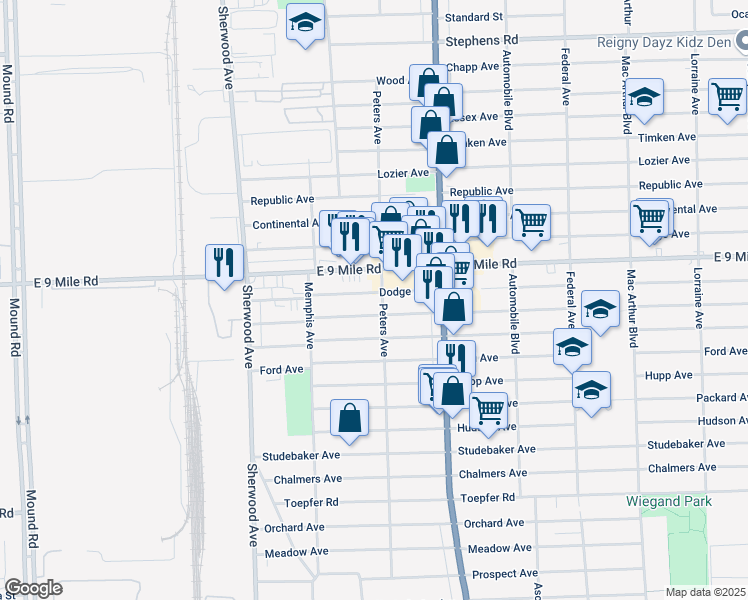 map of restaurants, bars, coffee shops, grocery stores, and more near 7268 Dodge Avenue in Warren