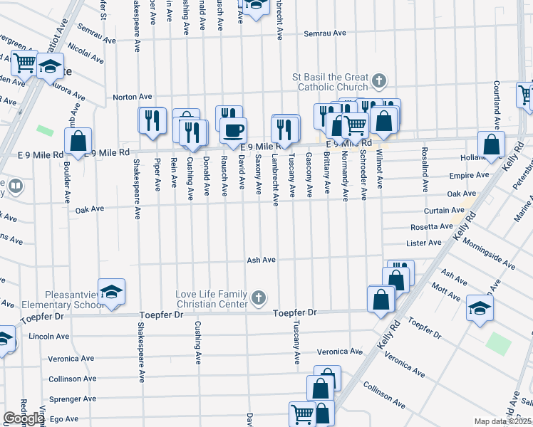 map of restaurants, bars, coffee shops, grocery stores, and more near 22150 Saxony Ave in Eastpointe
