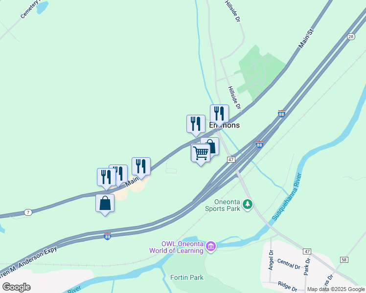 map of restaurants, bars, coffee shops, grocery stores, and more near Main Street in Oneonta