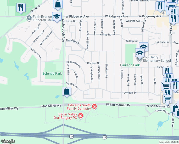 map of restaurants, bars, coffee shops, grocery stores, and more near 836 Lynkaylee Drive in Waterloo