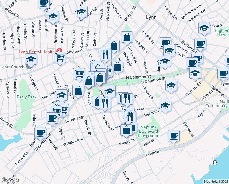 map of restaurants, bars, coffee shops, grocery stores, and more near 3 Commercial Street in Lynn