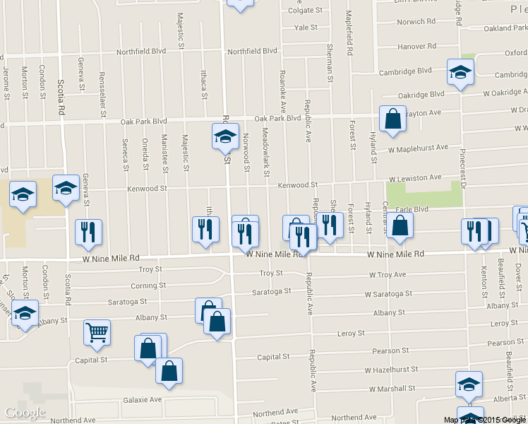 map of restaurants, bars, coffee shops, grocery stores, and more near 23201 Meadowlark Street in Oak Park