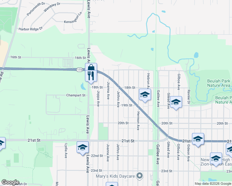 map of restaurants, bars, coffee shops, grocery stores, and more near 1808 Jethro Avenue in Zion