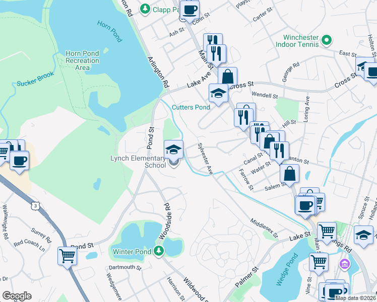 map of restaurants, bars, coffee shops, grocery stores, and more near 24 Carter Street in Winchester