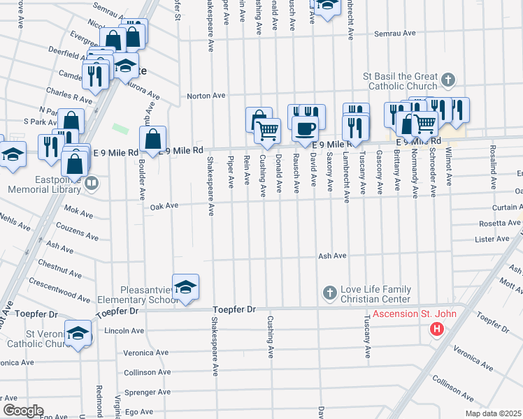 map of restaurants, bars, coffee shops, grocery stores, and more near 22157 Cushing Ave in Eastpointe
