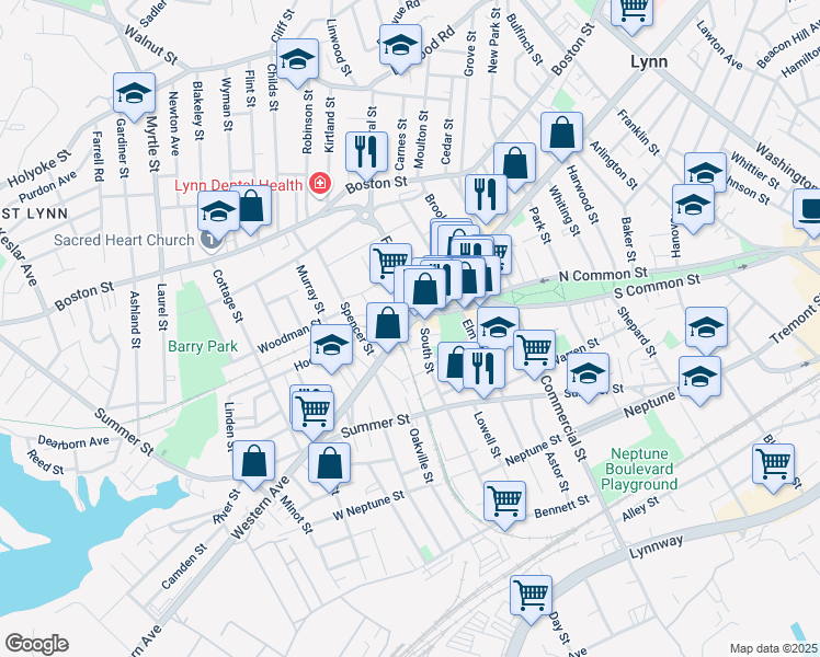 map of restaurants, bars, coffee shops, grocery stores, and more near 742 Massachusetts 107 in Lynn