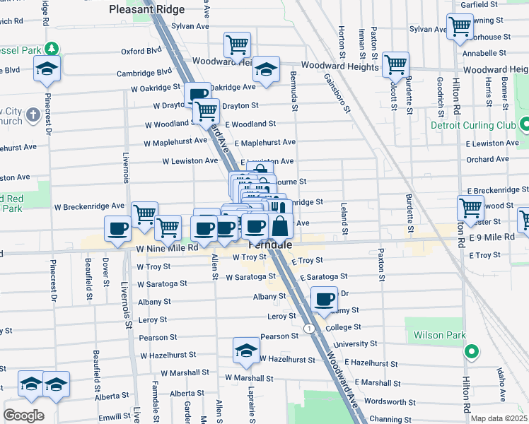 map of restaurants, bars, coffee shops, grocery stores, and more near 22930 Woodward Avenue in Ferndale