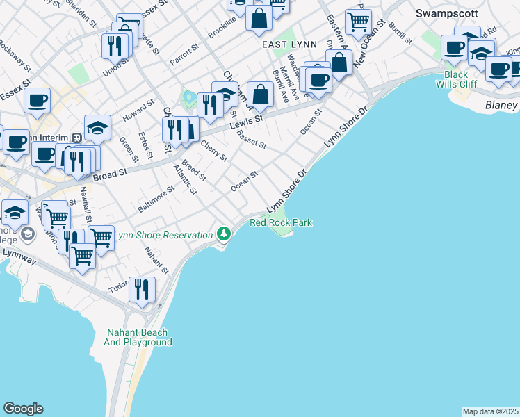 map of restaurants, bars, coffee shops, grocery stores, and more near 193 Lynn Shore Drive in Lynn