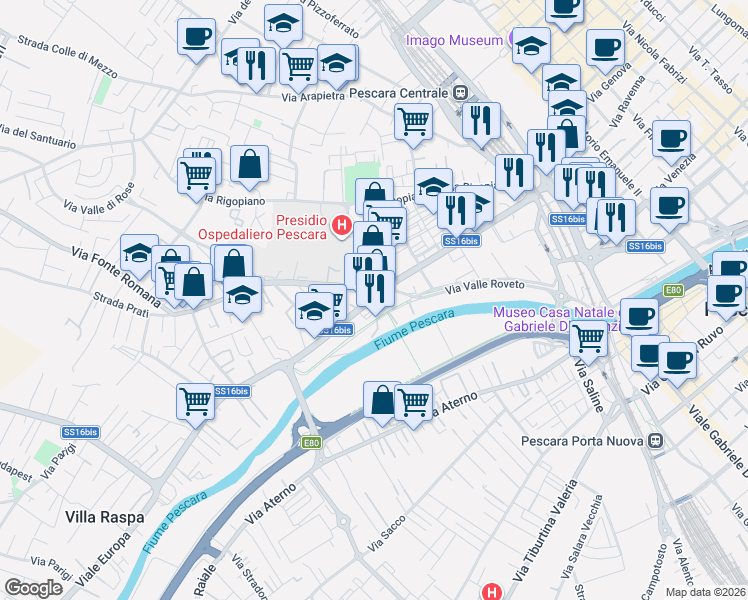 map of restaurants, bars, coffee shops, grocery stores, and more near 165 Via del Circuito in Pescara