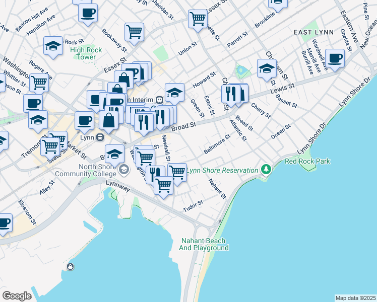 map of restaurants, bars, coffee shops, grocery stores, and more near 45 Nahant Street in Lynn