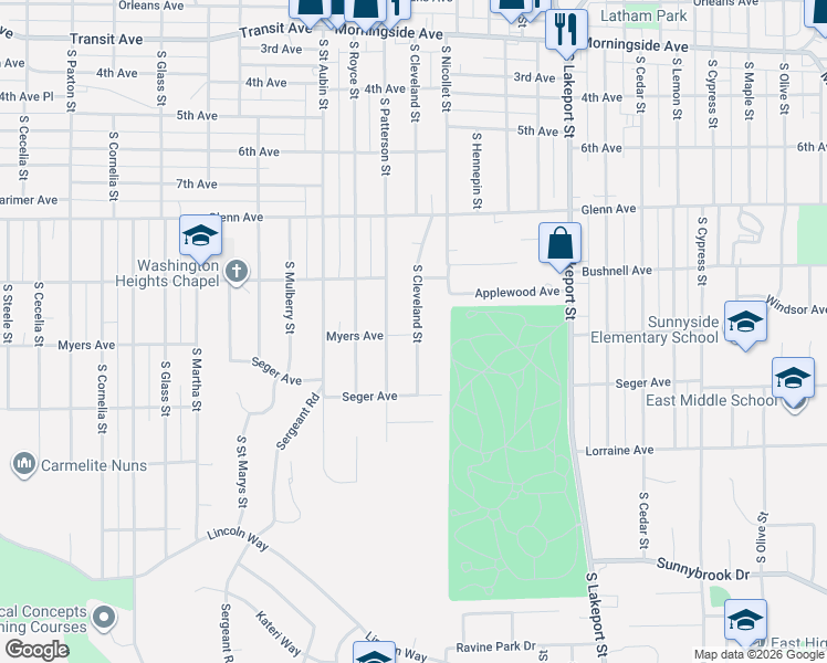 map of restaurants, bars, coffee shops, grocery stores, and more near 2637-2699 South Cleveland Street in Sioux City