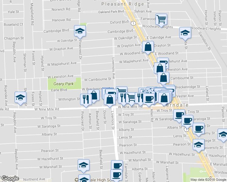 map of restaurants, bars, coffee shops, grocery stores, and more near 619 West Breckenridge Street in Ferndale