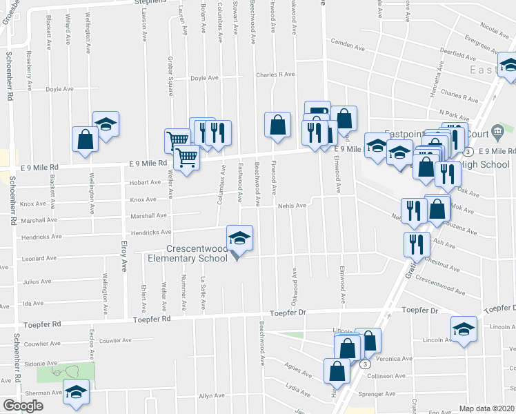 map of restaurants, bars, coffee shops, grocery stores, and more near Beechwood Avenue in Eastpointe