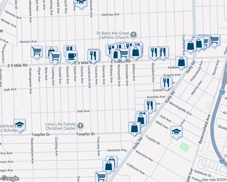 map of restaurants, bars, coffee shops, grocery stores, and more near 22130 Brittany Avenue in Eastpointe