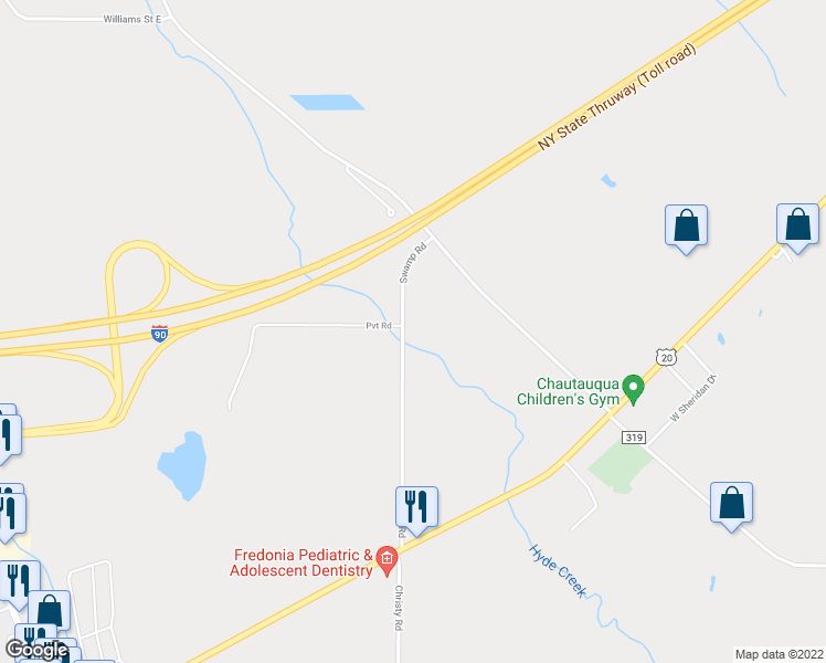 map of restaurants, bars, coffee shops, grocery stores, and more near 10628 Swamp Road in Fredonia