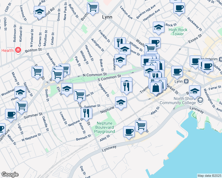 map of restaurants, bars, coffee shops, grocery stores, and more near 9 Roseville Square in Lynn