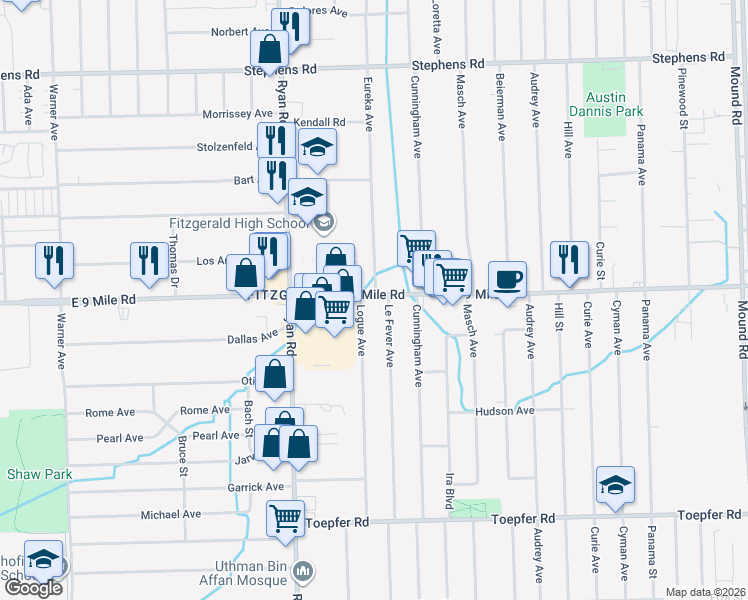 map of restaurants, bars, coffee shops, grocery stores, and more near 4400 East 9 Mile Road in Warren