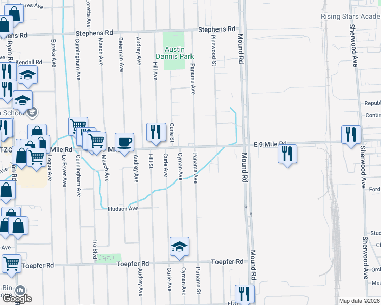 map of restaurants, bars, coffee shops, grocery stores, and more near 22850 Panama Avenue in Warren