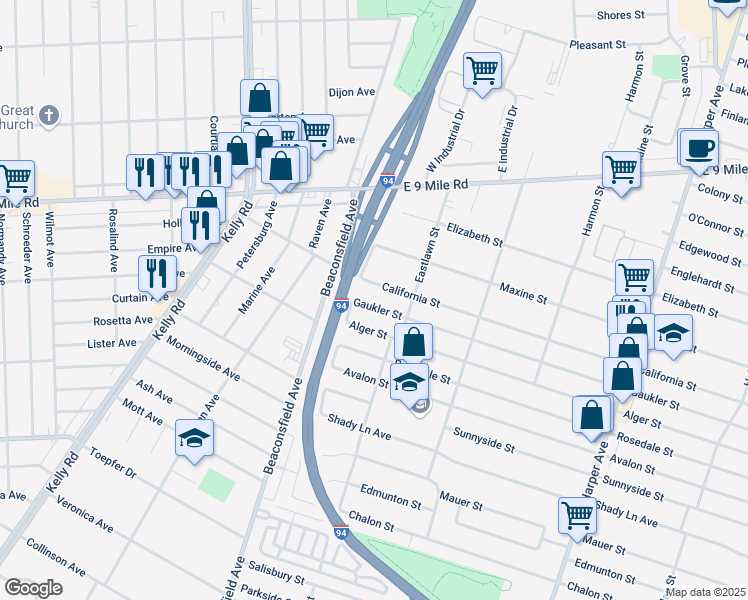 map of restaurants, bars, coffee shops, grocery stores, and more near 19609 Gaukler Street in Saint Clair Shores