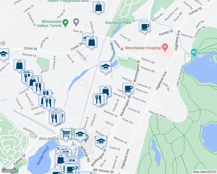 map of restaurants, bars, coffee shops, grocery stores, and more near 80 Florence Street in Winchester