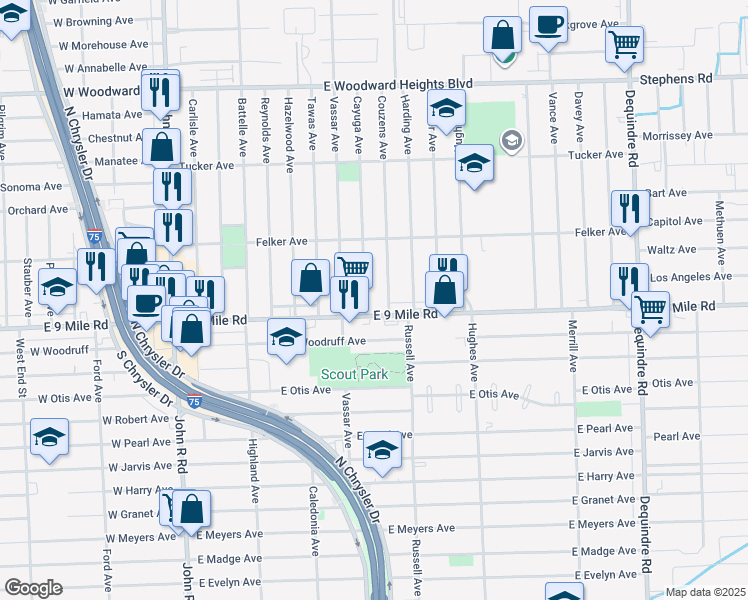 map of restaurants, bars, coffee shops, grocery stores, and more near 23032 Cayuga Avenue in Hazel Park