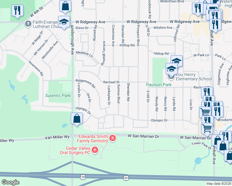 map of restaurants, bars, coffee shops, grocery stores, and more near 836 Sunrise Boulevard in Waterloo