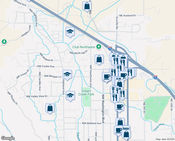 map of restaurants, bars, coffee shops, grocery stores, and more near 117 Northwest Dover Drive in Grants Pass