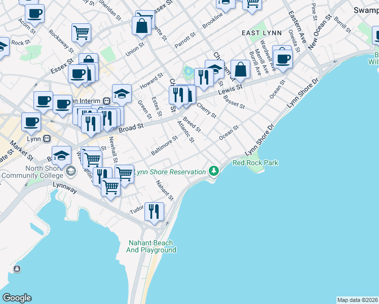 map of restaurants, bars, coffee shops, grocery stores, and more near 229 Ocean Street in Lynn