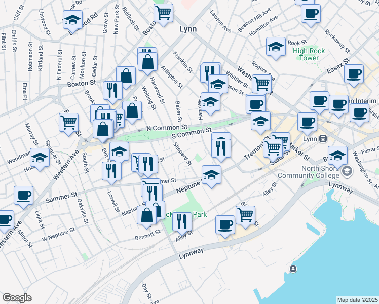 map of restaurants, bars, coffee shops, grocery stores, and more near 35 Shepard Street in Lynn