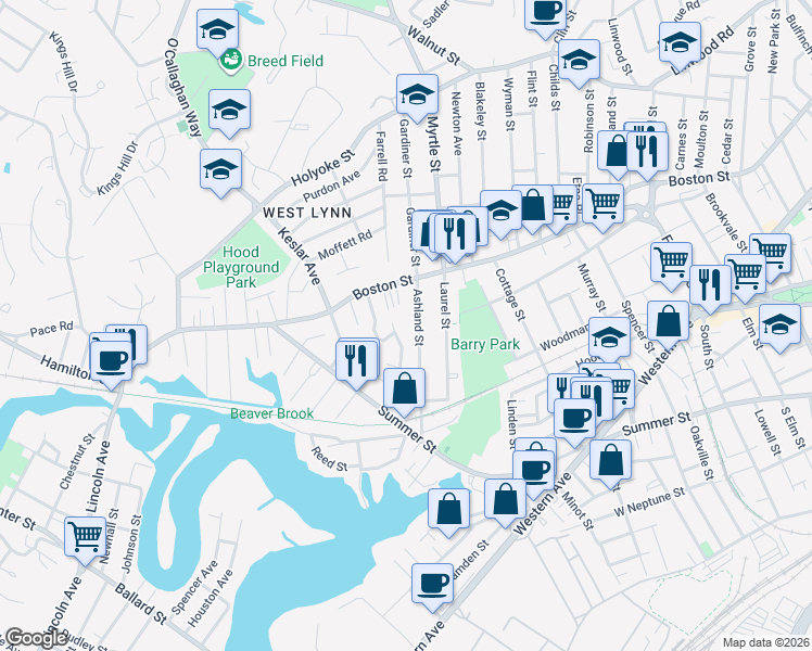 map of restaurants, bars, coffee shops, grocery stores, and more near 81 Ashland Street in Lynn