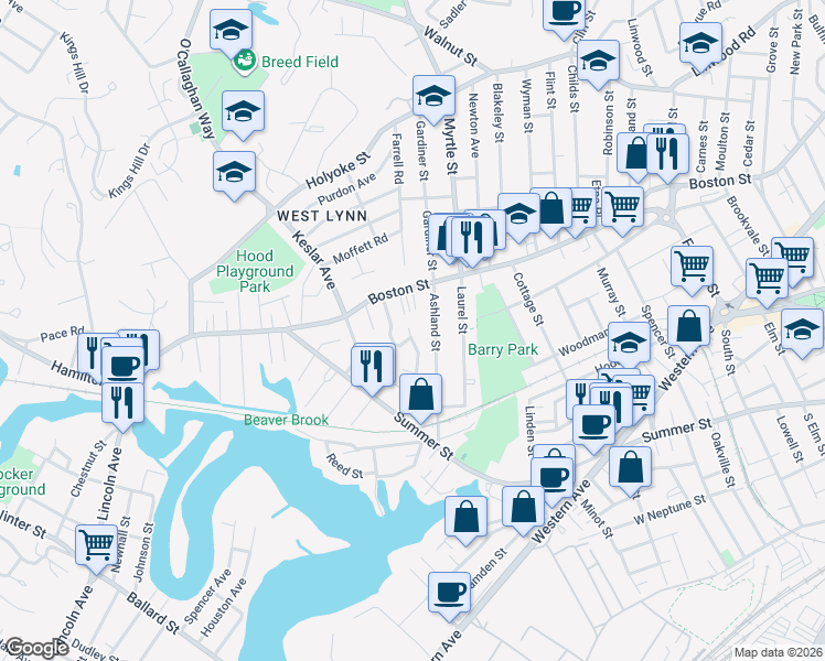 map of restaurants, bars, coffee shops, grocery stores, and more near 37 Ridge Avenue in Lynn