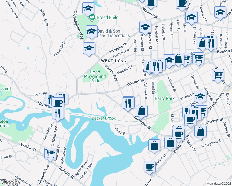 map of restaurants, bars, coffee shops, grocery stores, and more near 696 Boston Street in Lynn